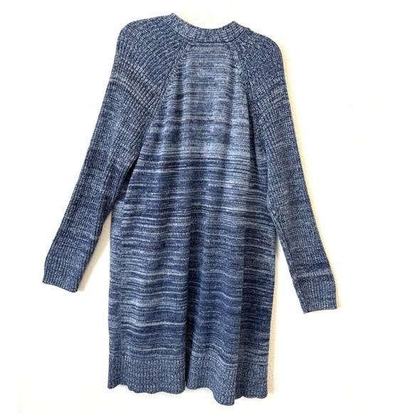 Chicos Blue Metallic Silver Cassia Knit Longer Open Front Cardigan Sz Large (2) - Picture 3 of 4